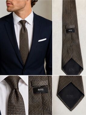 BOSS 100% Silk Tie Made in Italy Brown Black Geometric Luxury Necktie